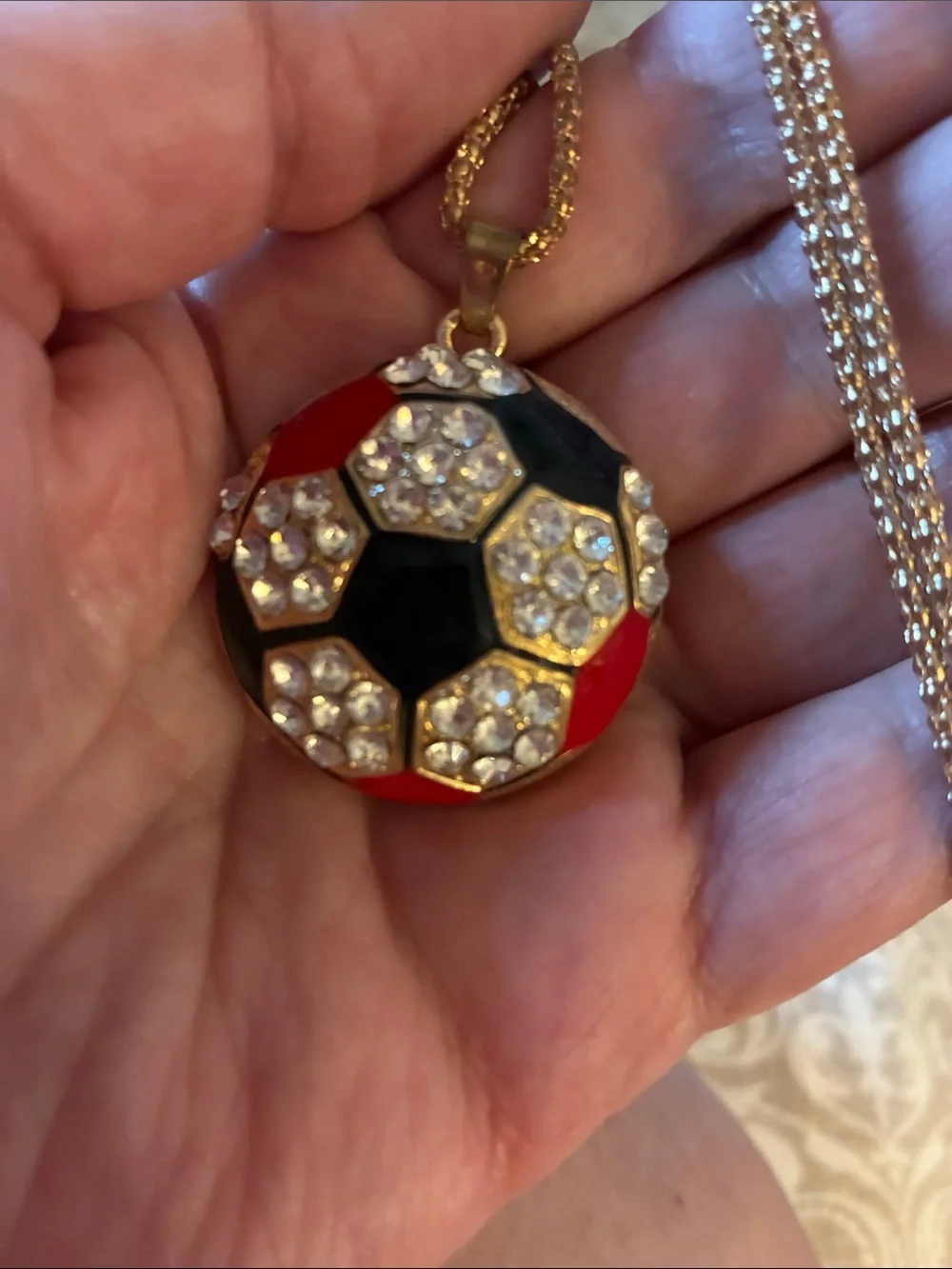 Gold-Tone Red & Black Crystal Soccer Pendant Necklace